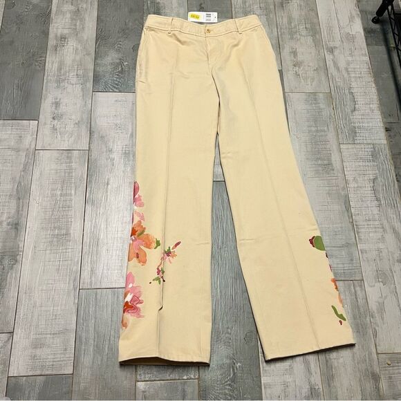 90s Y2K Dana Buchman Cream Pink Floral Painted Embroidered Flare Pant 4 Low Rise - Picture 5 of 15